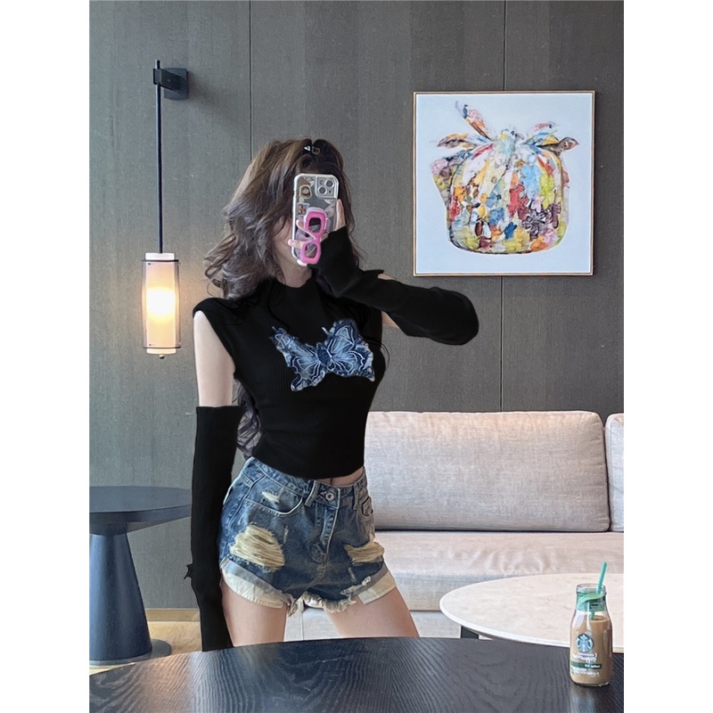 Áo Croptop Dài Tay In Hình Bướm Xinh Xắn Theo Phong Cách Hàn Quốc Dành Cho Nữ