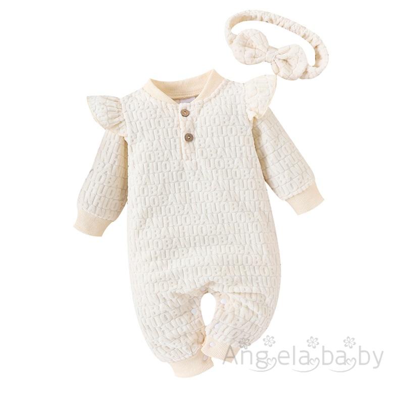 Áo Liền Quần Dài Tay Cổ Tròn In Chữ Kèm Băng Đô Cho Bé Gái