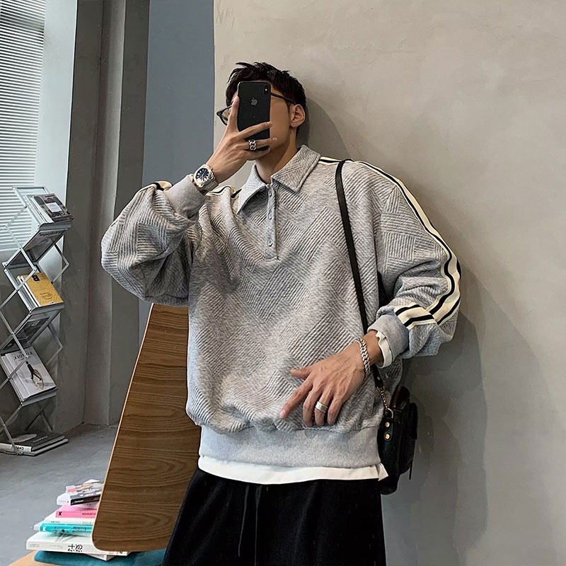 Áo sweater polo Dáng Rộng Họa Tiết Kẻ Sọc Màu Tương Phản Thời Trang Cho Nam