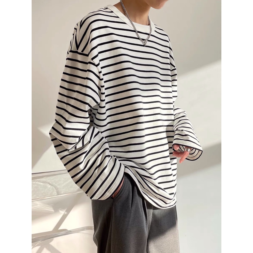 Áo thun dài tay kẻ ngang phối màu đơn giản cho nam và nữ thời trang thu đông EA091  Meme