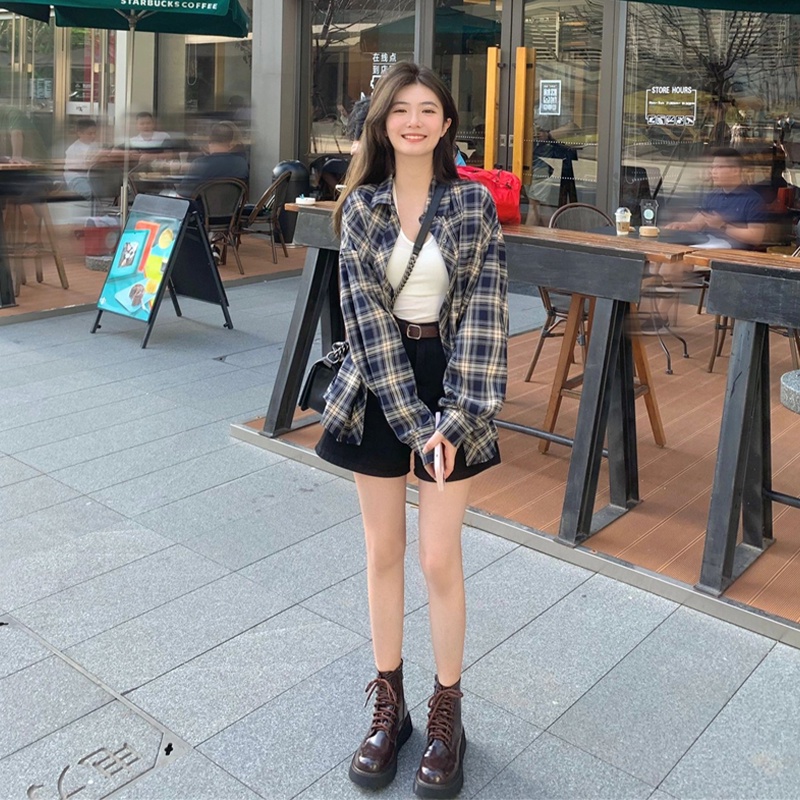 Mushiqi Áo Khoác Sơ Mi Caro Phong Cách retro hong kong Thời Trang Cho Nữ