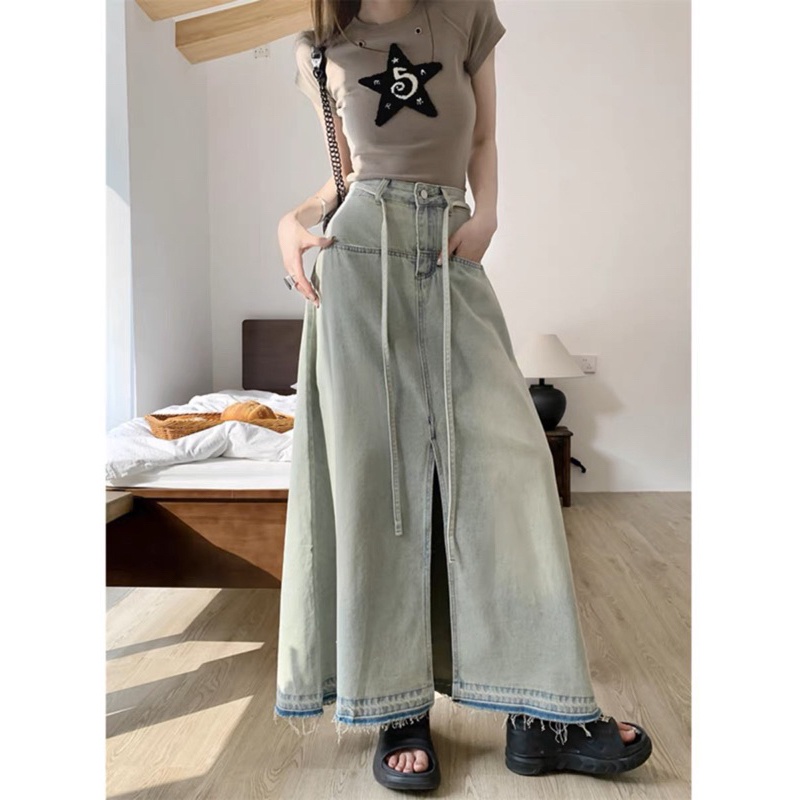 Chân váy jean dài dáng chữ A phong cách Retro xẻ trước c43