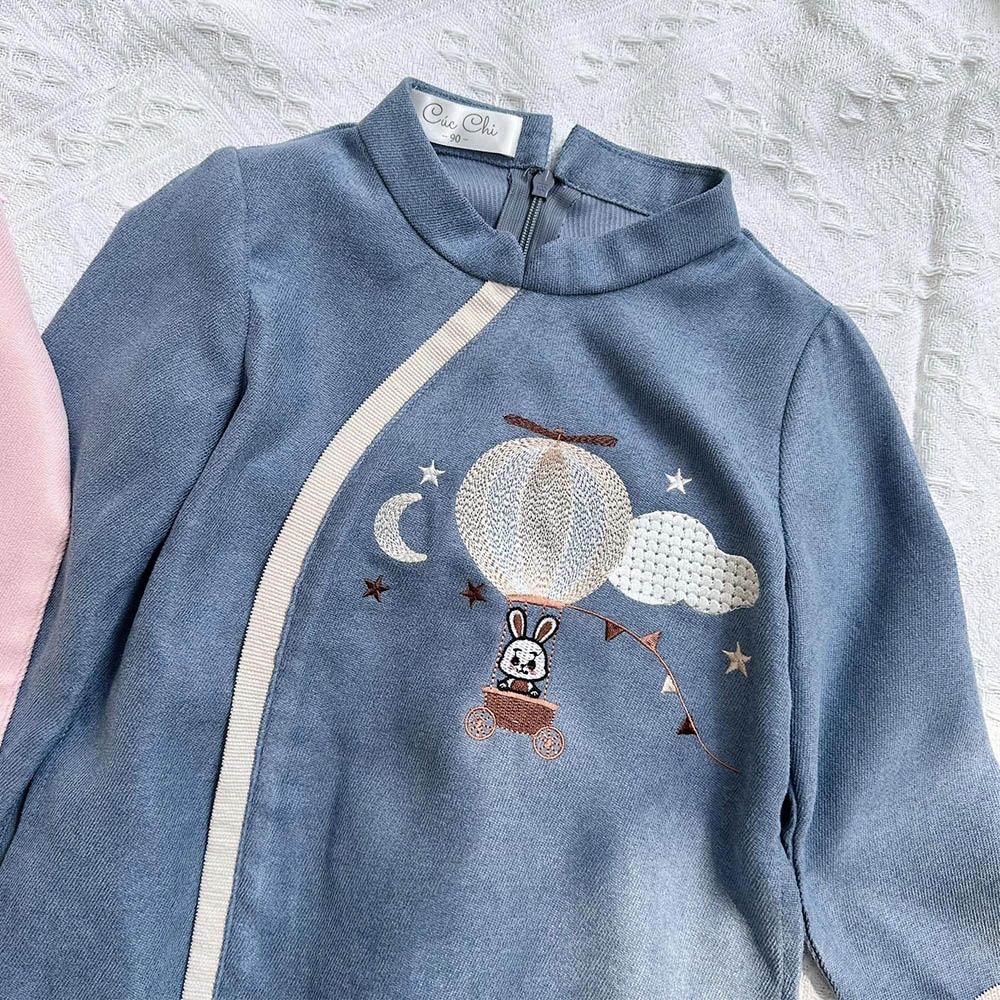 Áo dài bé trai Trung Thu Tết nhung mịn thêu thỏ cung trăng kèm quần nhung baggy Mamla