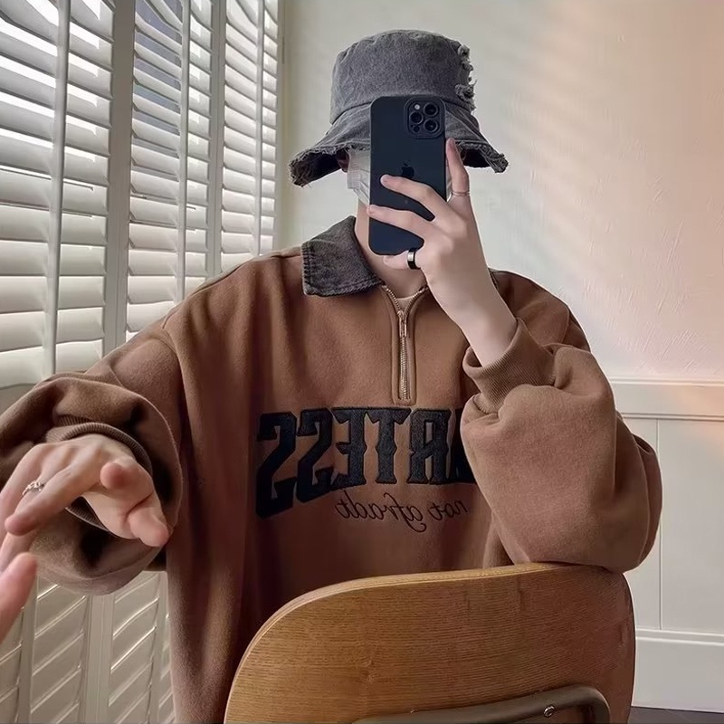 Áo polo Tay Dài Có Khóa Kéo Dáng Rộng Thời Trang Hàn Quốc Cho Nam