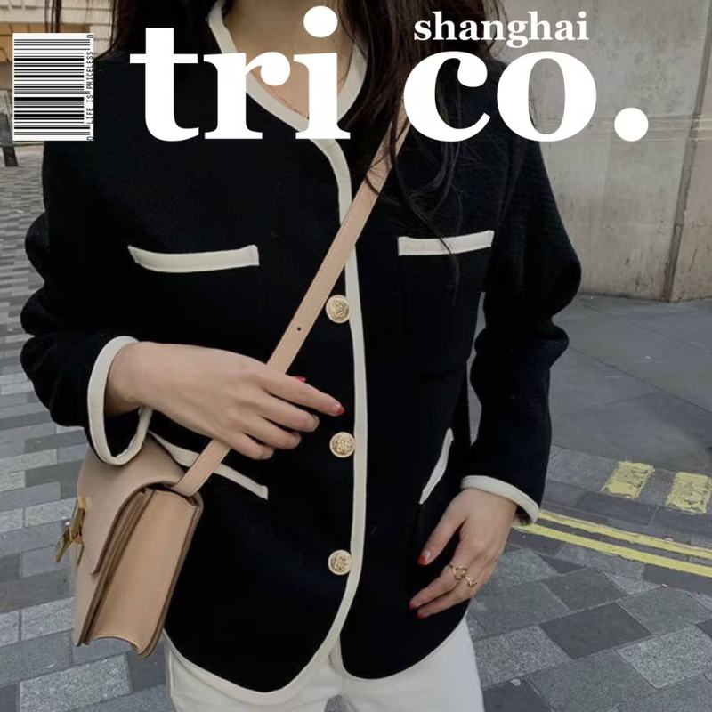 Áo Khoác Dệt Dày Ngắn Cài Nút Kim Loại Nhiều Túi Màu Sắc Tương Phản Phong Cách Hàn Quốc Cho Nữ