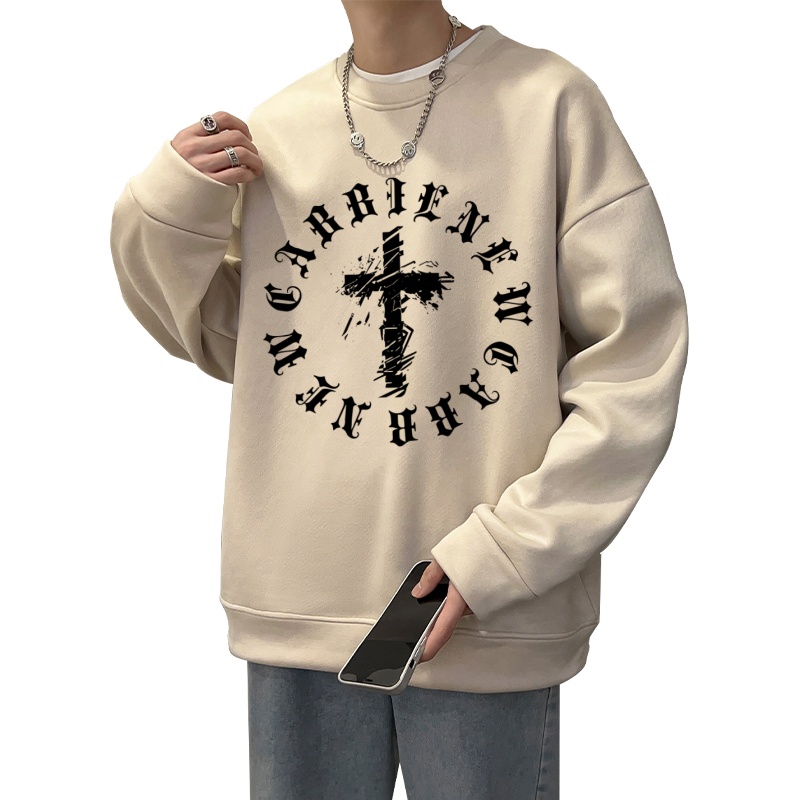 Áo sweater Tay Dài Cổ Tròn Dáng Rộng In Chữ Thập Màu Đen Phong Cách vintage Hợp Thời Trang