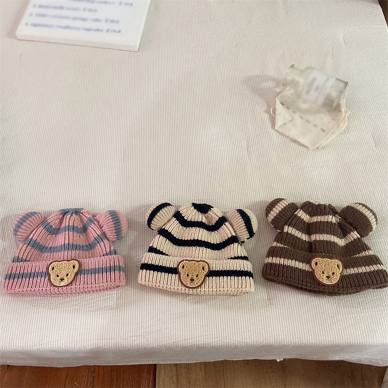 Mũ beanie Dệt Kim Đính Tai Gấu Hoạt Hình Phong Cách Hàn Quốc Dành Cho Trẻ Nhỏ