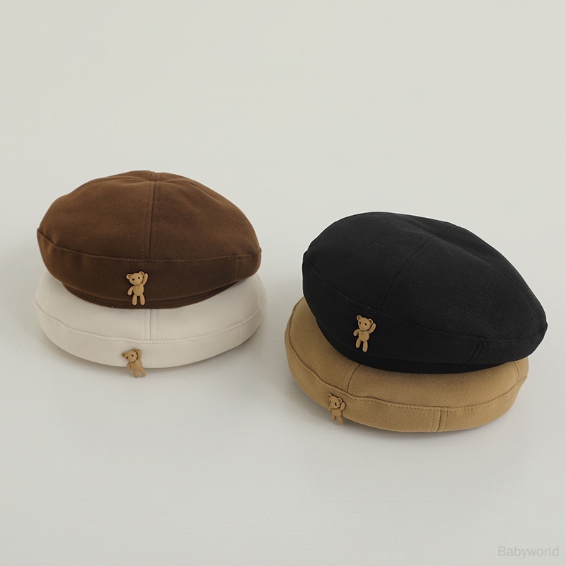 Mũ beret Màu Trơn In Họa Tiết Gấu Hoạt Hình Phong Cách Hàn Quốc Cho Bé Gái