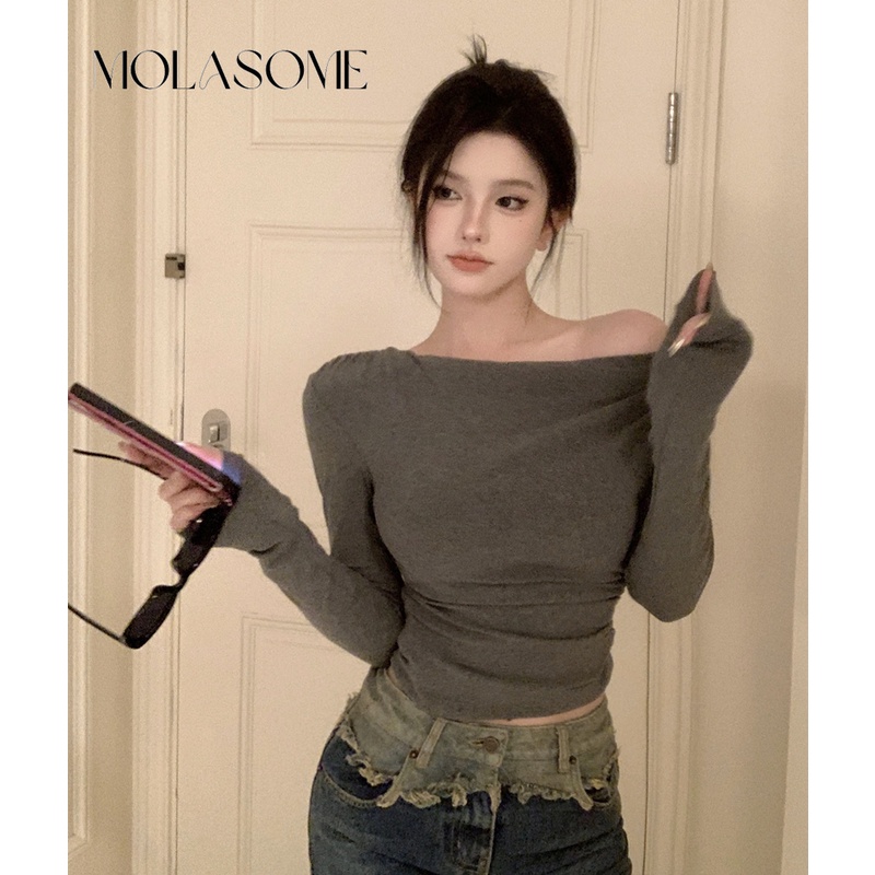 Polaroisome Áo Thun Tay Dài Hở Vai Màu Trơn Thời Trang Mới 2023 Dành Cho Bạn Nữ