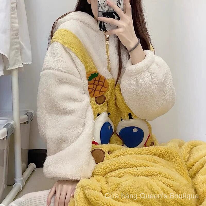 Bộ Đồ Ngủ Một Mảnh Bằng Vải Lông Cừu San Hô Một Mảnh Hình Vuông Phong Cách Mới 2023 Dành Cho Bạn Nữ