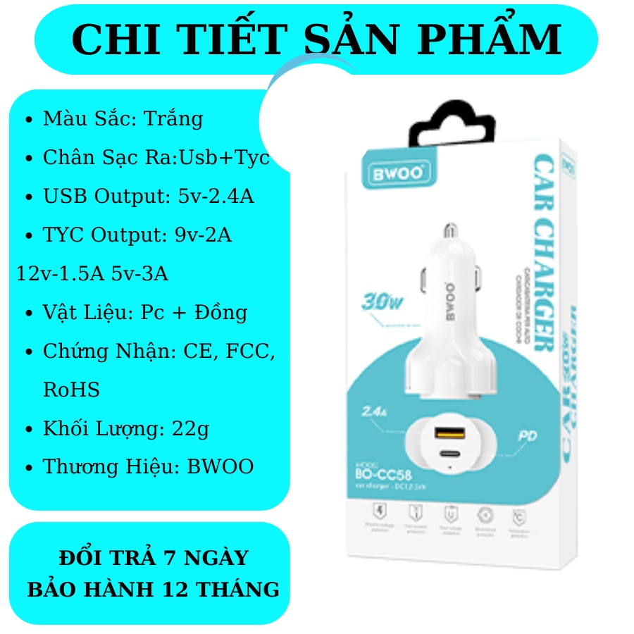 Tẩu sạc nhanh ô tô 2 cổng BWOO 30W PD Usb Tyc Chống cháy nổ cho iphone samsung oppo xiaomi PINSHOP | BigBuy360 - bigbuy360.vn