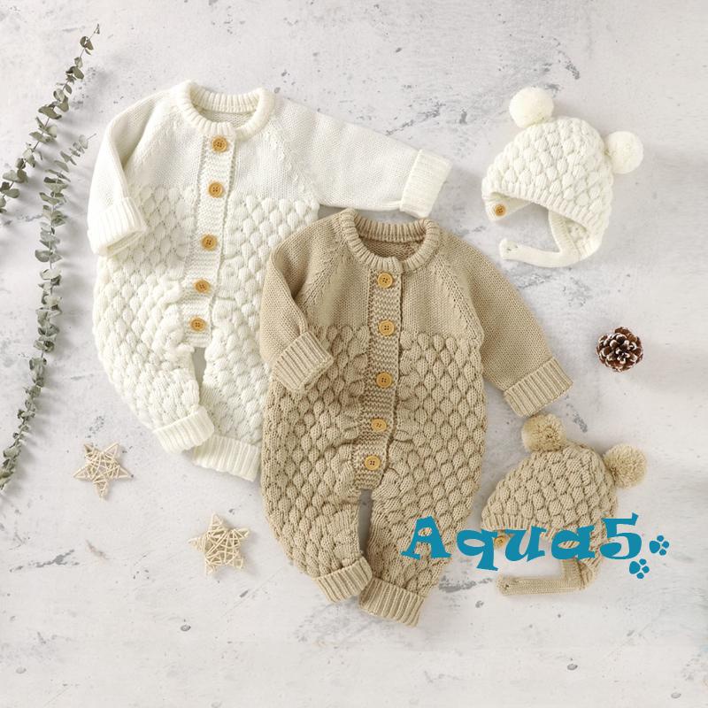 Aqua-bộ 2 Món Áo Liền Quần Dệt Kim Tay Dài Màu Trơn + Mũ Gấu Thời Trang Mùa Đông Cho Bé