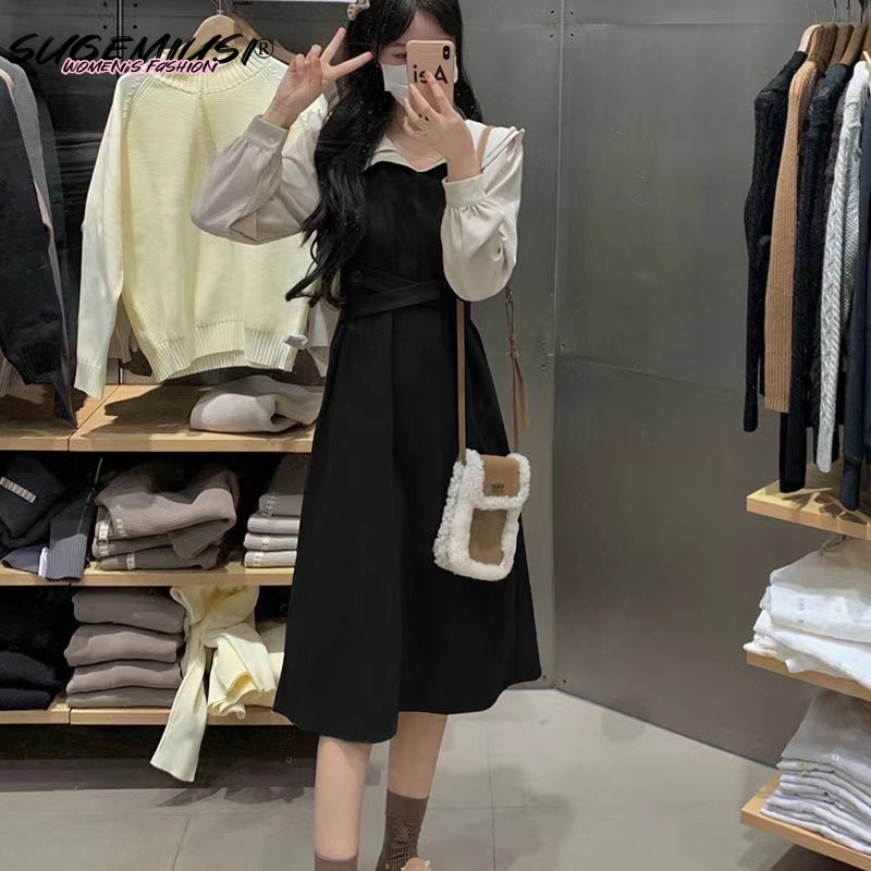 Sugemiusi Đầm Midi Dáng Chữ a Hai Lớp Cài Nút Phong Cách retro Pháp Thời Trang Xuân Thu Dành Cho Nữ