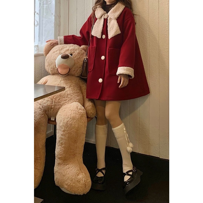 Sugemiusi Áo Khoác Len Lông Cừu Cổ Búp Bê Thắt Nơ Phong Cách Giáng Sinh Năm Mới