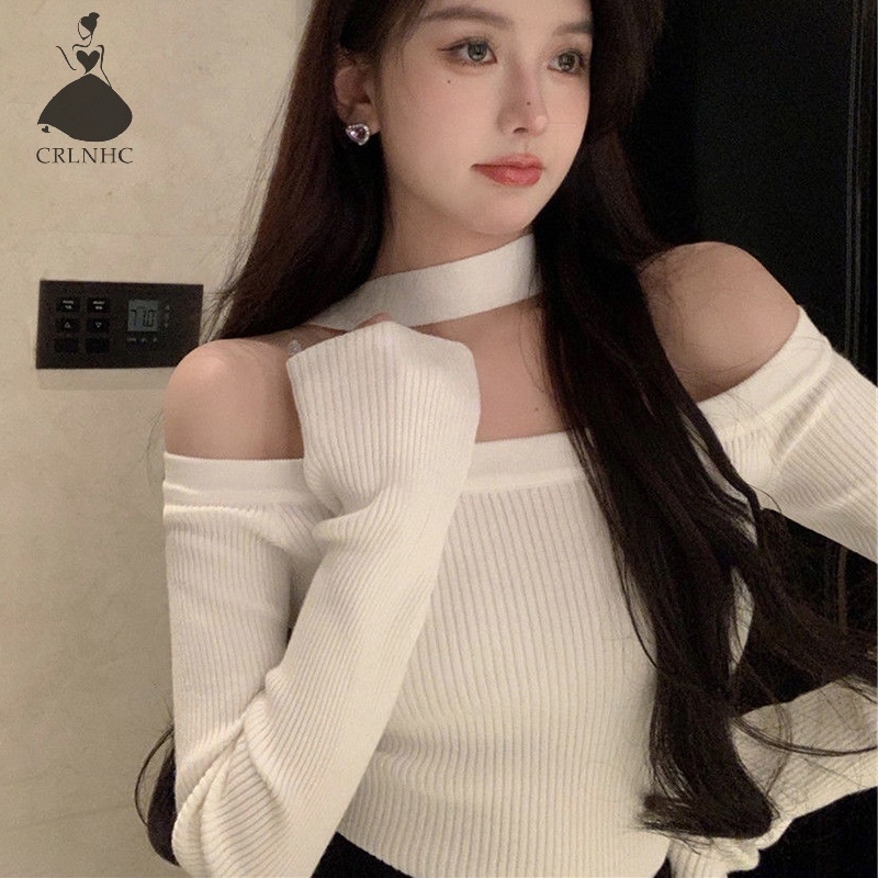 Crlnhc Áo sweater Dệt Kim Trễ Vai Tay Dài Màu Trơn Dáng Ôm Gợi Cảm Thời Trang Mùa Thu Cho Nữ vn
