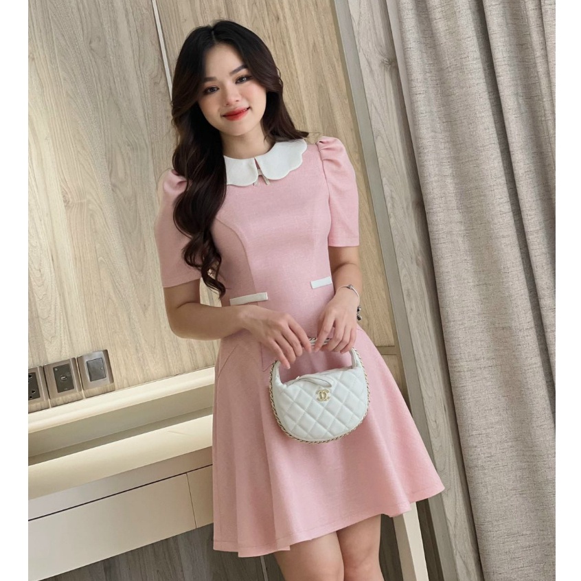 Váy Đầm Hồng Ngắn Dáng Xòe Phối Cổ Sóng Thời Trang Nữ Rosara VA123