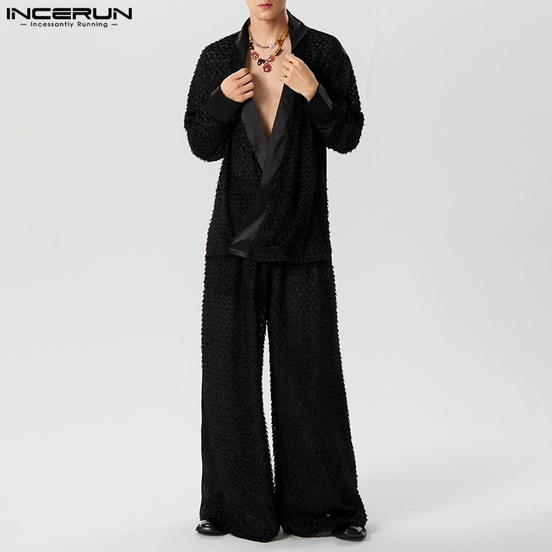 INCERUN Bộ Áo Khoác cardigan Dài Tay Xuyên Thấu + Quần Ống Rộng Thời Trang vintage Dành Cho Nam