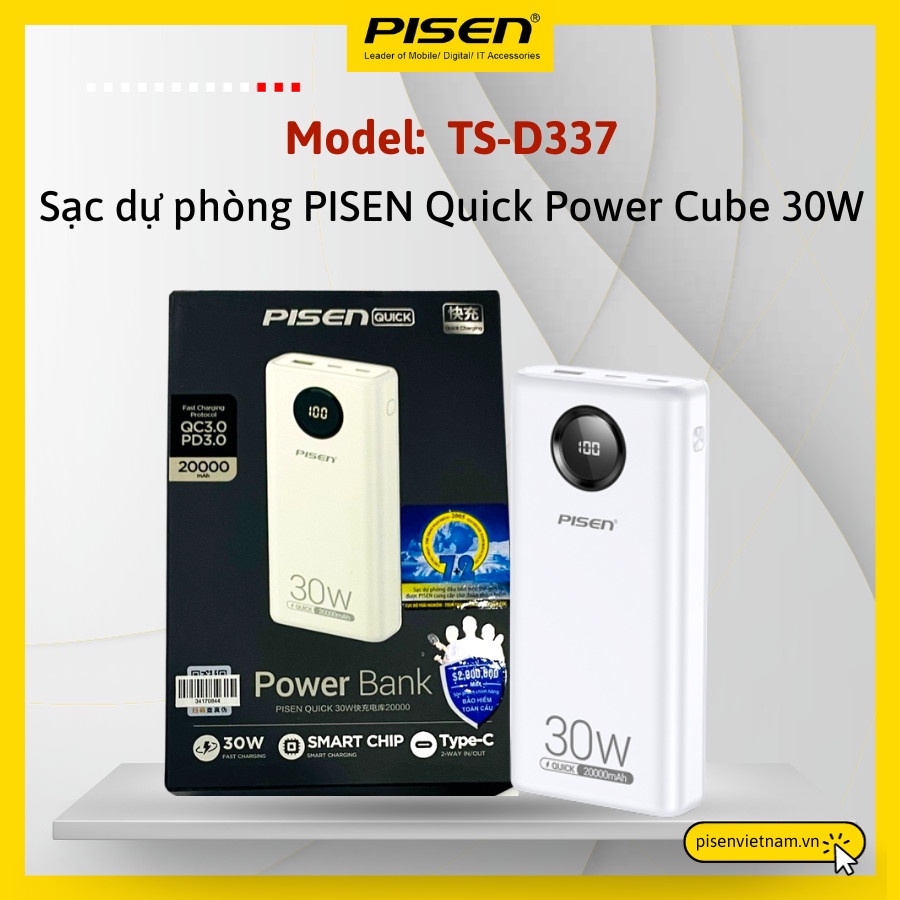 Pin dự phòng PISEN QUICK Power Cube TS-D337 20000mAh, công suất 30W sạc nhanh hai chiều - Hàng chính