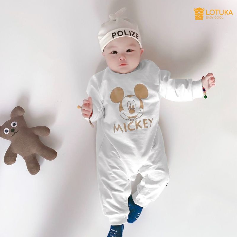 Bodysuit LOTUKA In Mickey Tặng Kèm Mũ Cao Cấp Chất Liệu Cotton, Bộ Liền Thân Sơ Sinh Dài Tay, Quần Áo Trẻ Em size 0-12m