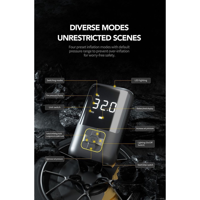 Bơm Lốp Điện Tử Thông Minh Không Dây LAMJAD Màn Hình Led, Máy Bơm Hơi Ô Tô Đa Năng Tự Ngắt Có Sạc Pin