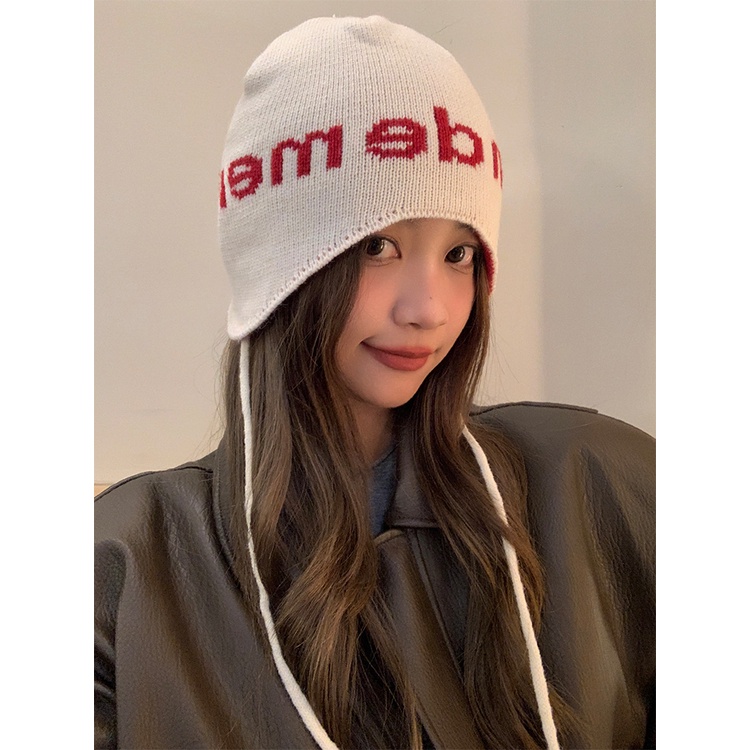 Niche Mũ Len Trùm Tai Giữ Ấm In Chữ Phong Cách Đường Phố Hàn Quốc Cho Cặp Đôi