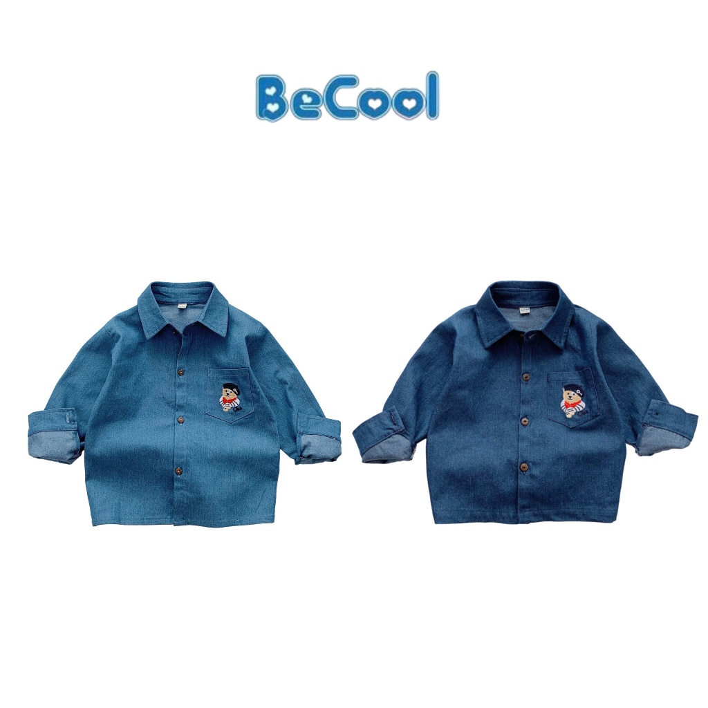 Áo Sơ Mi Cho Bé Trai Chất Bò Thêu Gấu, Áo Sơ Mi Dài Tay Cho Bé Từ 10 đến 26kg BAOBAOKIDS