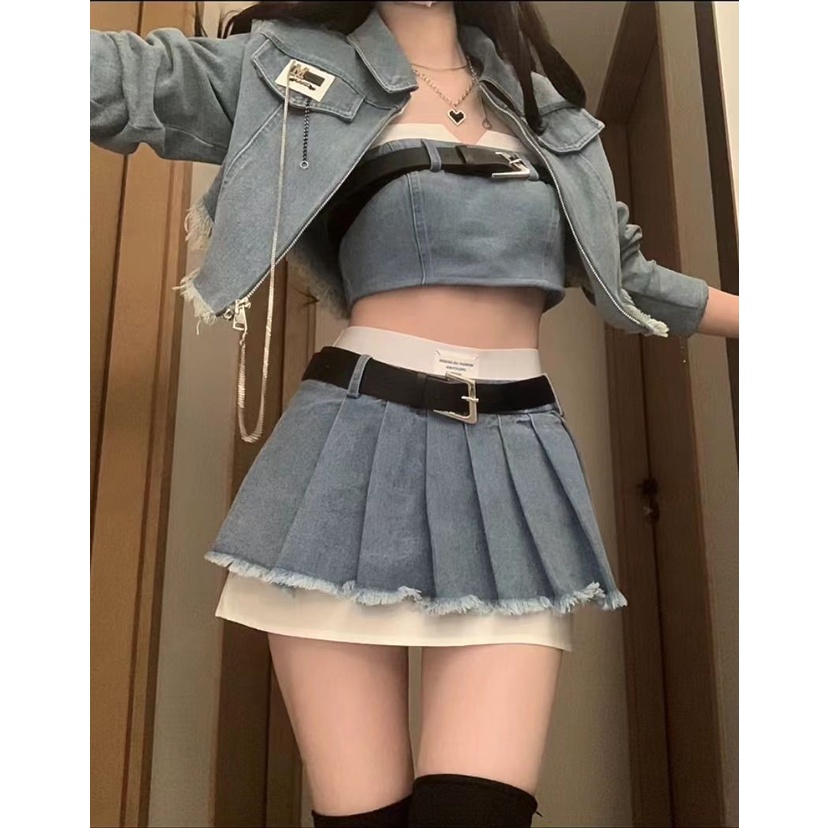 Bộ Áo Khoác Ngắn + Chân Váy denim Xếp Ly Lưng Cao Thời Trang Xuân Hè Phong Cách Mỹ Ngọt Ngào Cho Nữ