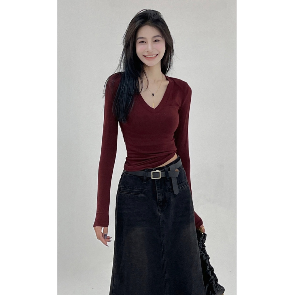 Áo Thun cotton Mỏng Tay Dài Cổ Chữ v Thời Trang Mùa Thu Phong Cách Mới Dành Cho Nữ