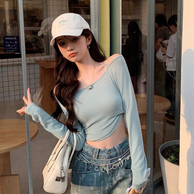 Áo Thun Tay Dài Trễ Vai Dáng Ôm Gợi Cảm Cho Nữ