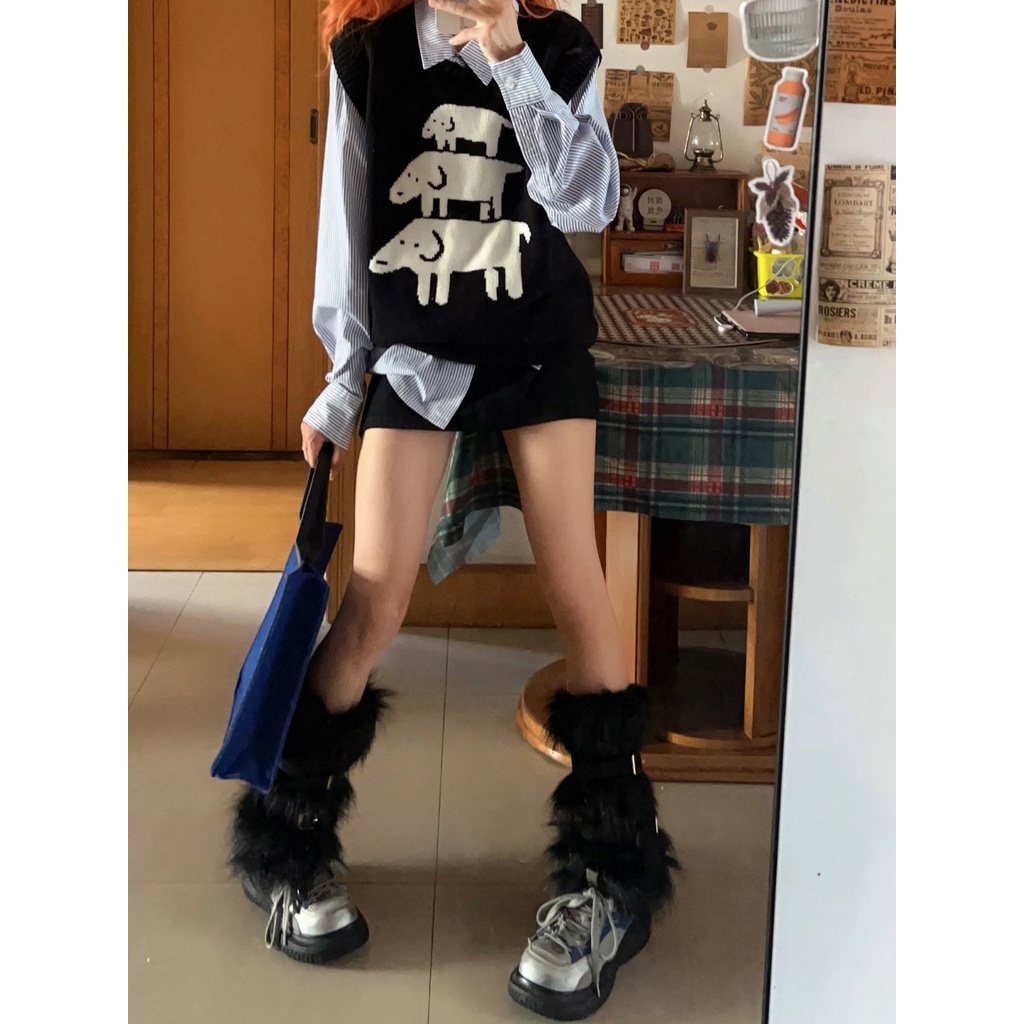 Set Áo Len Không Tay + Áo Sơ Mi Kẻ Sọc Dài Tay + Áo Khoác Ghi Lê Thời Trang Nữ