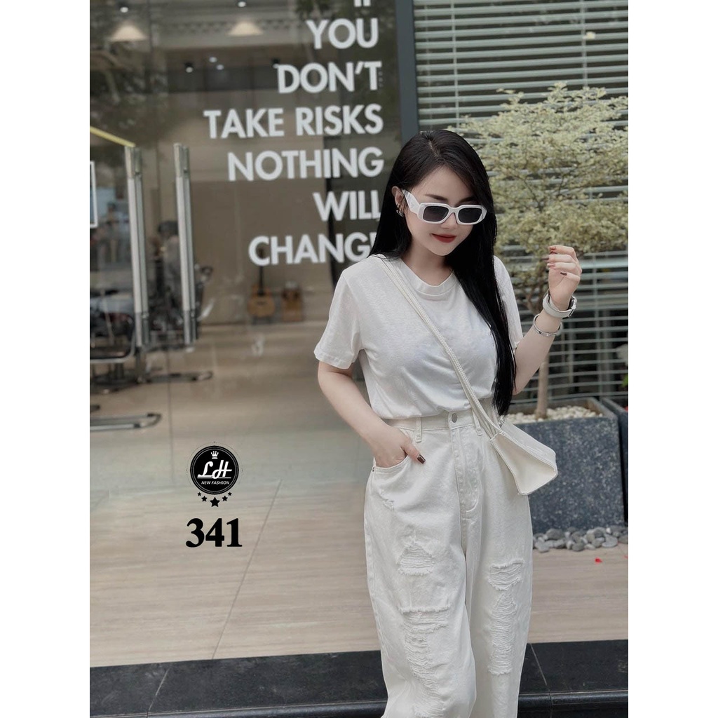 Quần baggy jean nữ trắng rách nhìu 2 bên ống Lê Huy Fashion MS 341