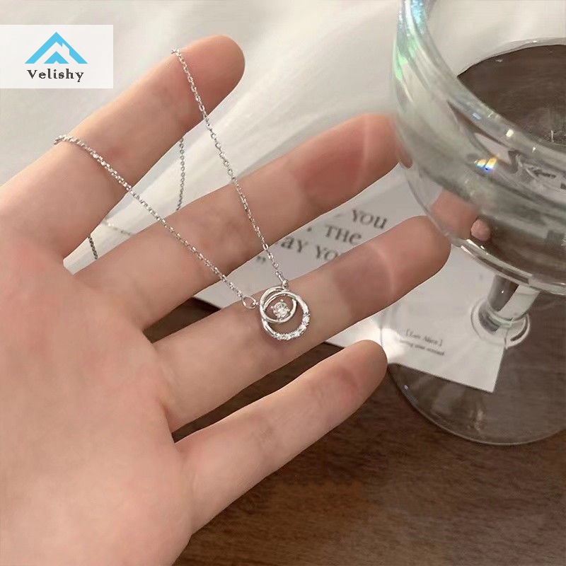 Velishy Vòng cổ Mặt Tròn Đính Đá zircon Màu Bạc Đơn Giản Dễ Phối Đồ Thời Trang Cho Nữ