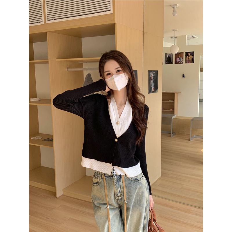 Áo cardigan Cổ Chữ v Tay Dài Giả Hai Lớp Màu Sắc Tương Phản Thời Trang Mùa Thu Cho Nữ