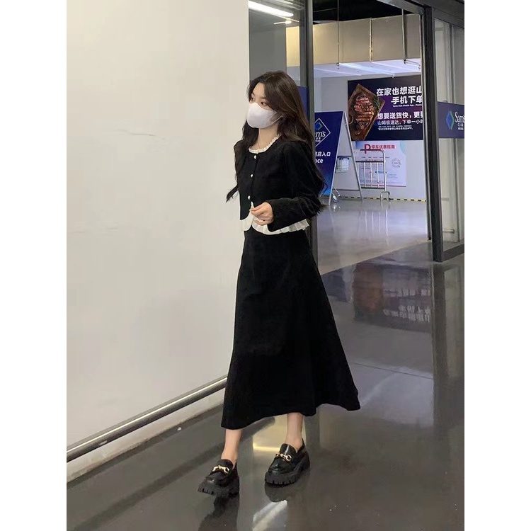Bộ Áo Nhung Cao Cấp Tay Dài Phối Bèo + Chân Váy Thời Trang Thu Đông 2022