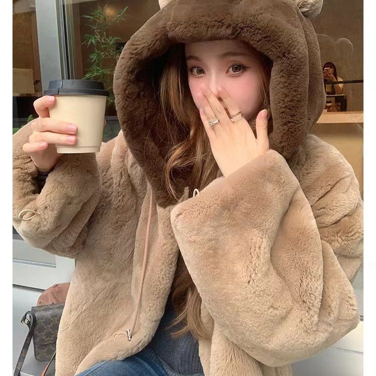 Dễ Thương Áo Khoác Giả Lông Thỏ Có Mũ Trùm Đầu Phong Cách Thời Trang Thu Đông 2023