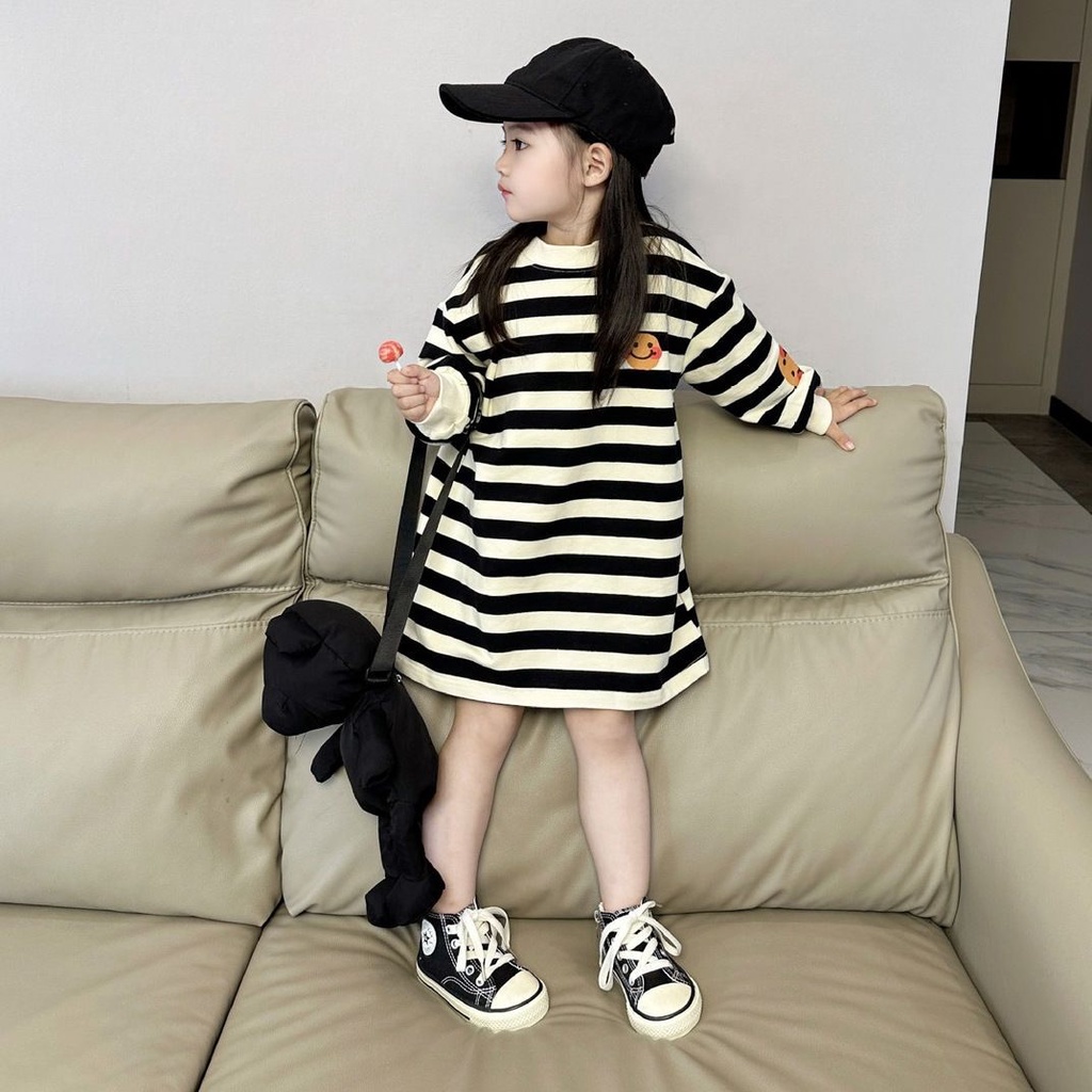 Đầm Thun Dài Vừa Vặn Tay Dài Họa Tiết Mặt Cười Kẻ Sọc Thời Trang Mùa Thu 2023 Phong Cách Mới Cho Bé Gái