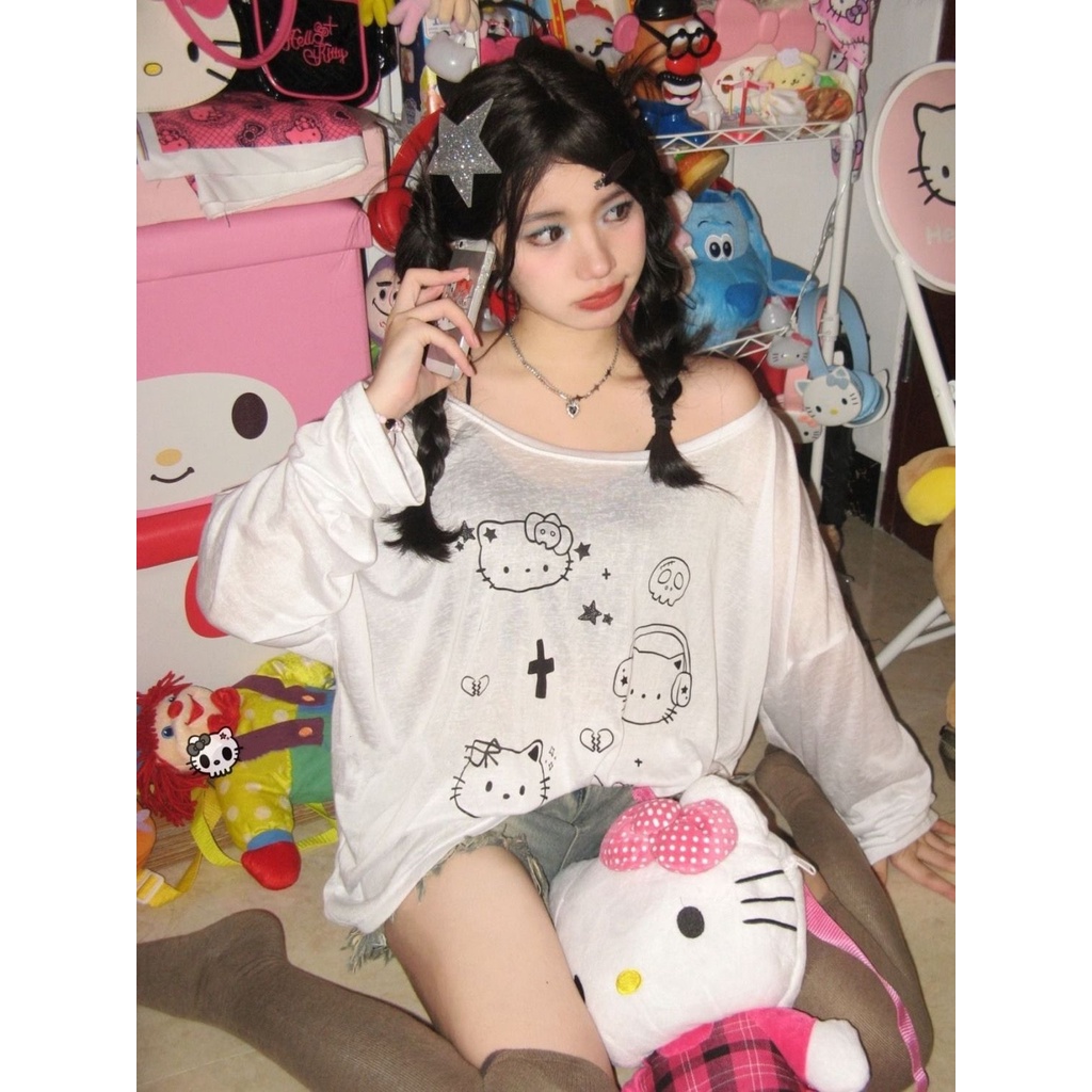 Tencel Áo Kiểu Vải cashmere Mỏng Tay Dài Dáng Rộng In Hoạt Hình Mèo kt Kiểu Nhật Bản Dễ Thương Cho Nữ