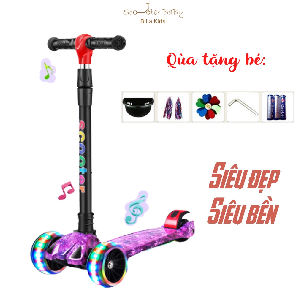 Xe Scooter cho bé trượt Graffiti BILA KIDS Có Nhạc Có Đèn, Gấp gọn thông minh bánh