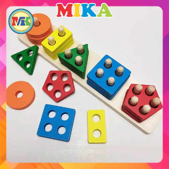 Giáo cụ Montessori 0-3 - Thả hình khối luồn cọc BẢN CHUẨN - Đồ chơi gỗ an toàn cho bé