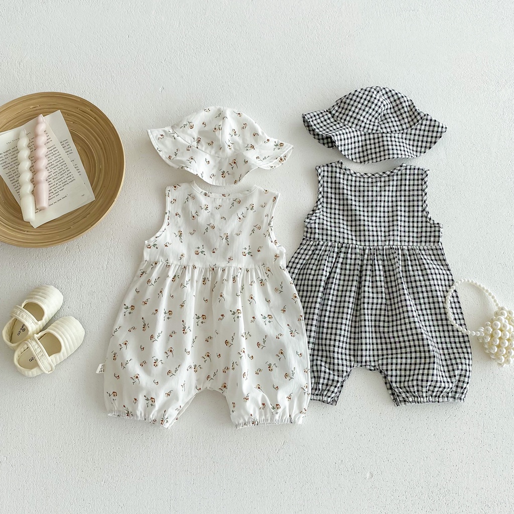 Set 2 Món Gồm Áo Liền Quần Dạng Váy Hai Dây Kẻ Sọc Caro + Mũ Ren cotton Dễ Thương Phong Cách Hàn Quốc Cho Bé Gái 0-24 Tháng Tuổi