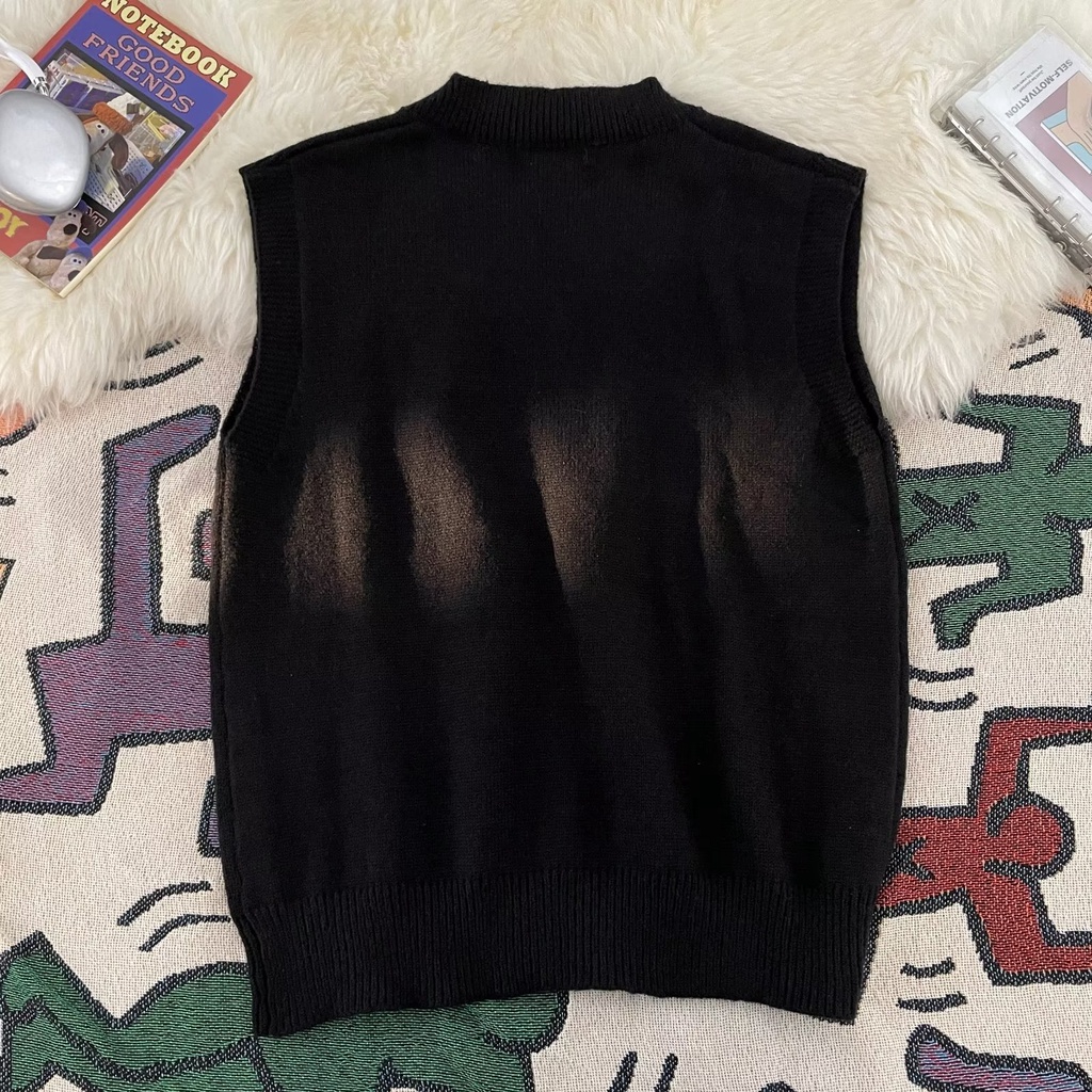 Áo sweater Không Tay Cổ Chữ v Thêu Họa Tiết Gấu Hoạt Hình Phong Cách Hàn Quốc Dành Cho Nam