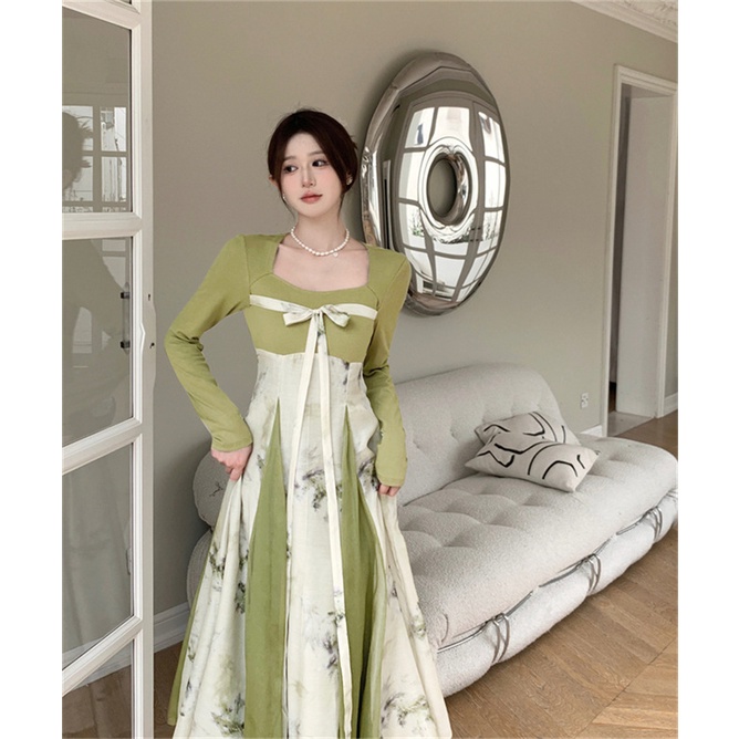 Đầm Chữ a Tay Dài Cổ Vuông Phong Cách Trung Hoa Mới Cho Nữ