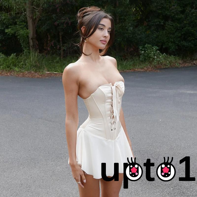 Đầm mini Dáng Chữ a Không Tay Áo Hở Vai Màu Trơn Dây Chéo Trước Ngực Thời Trang Cho Nữ