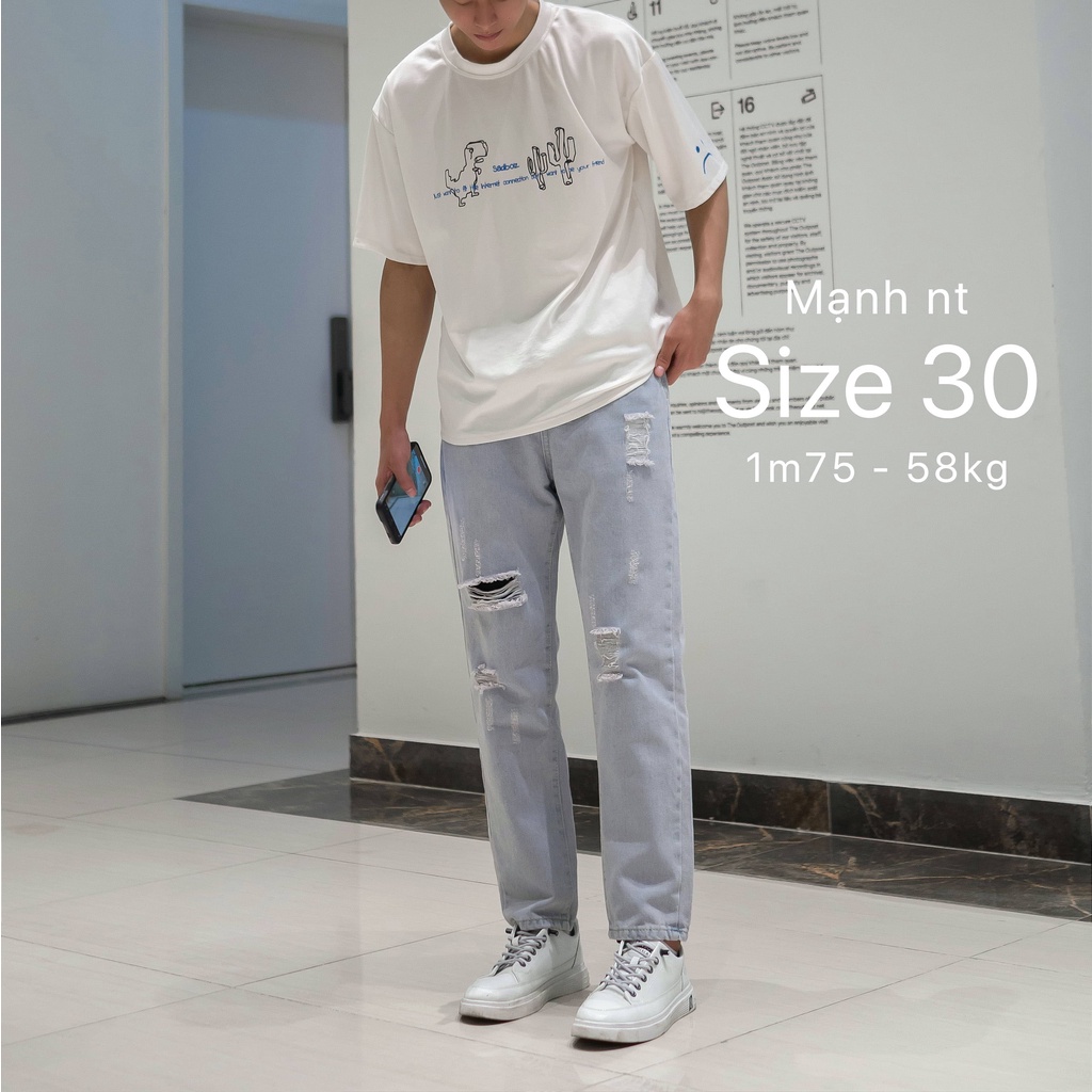 Quần jeans nam nữ rách dáng baggy suông màu xanh trắng nhạt mài rách xước gối đùi đẹp Pon.mens