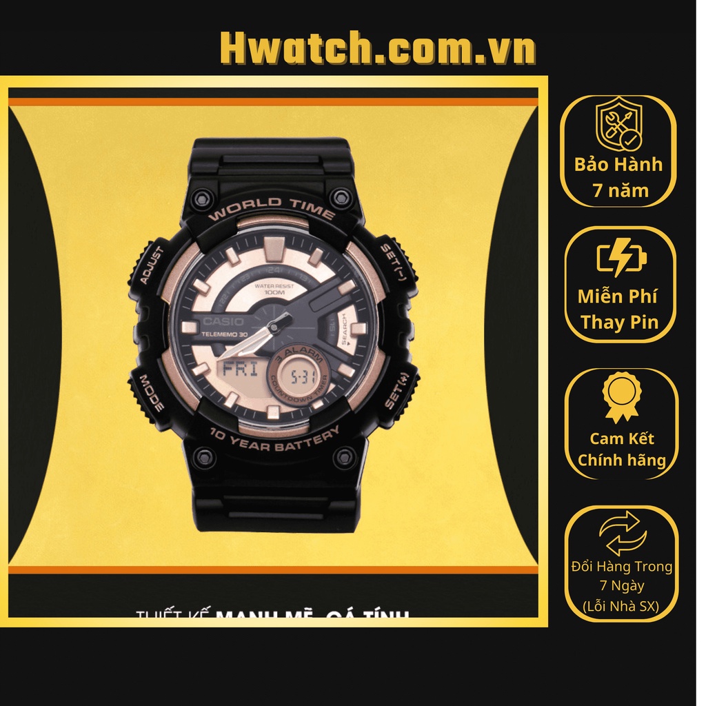 [Có sẵn] [Chính hãng 2]  Đồng Hồ Nam Casio Pin AEQ-110W-1A3VDF Dây Nhựa Đen Mặt Đồng