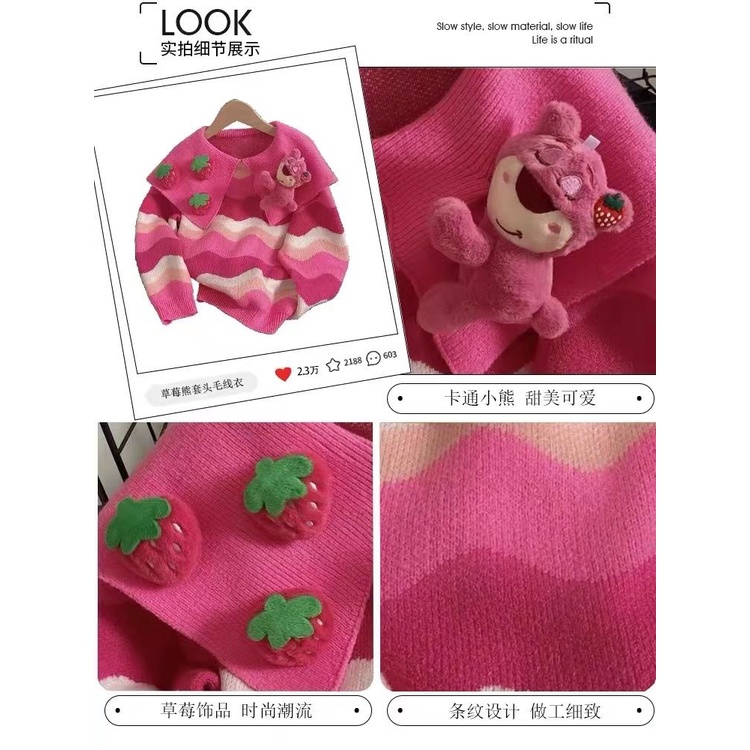 Set Áo Len cotton Ba Chiều + Mặt Dây Chuyền Hình Gấu / Dâu Tây Hoạt Hình Dễ Thương Cho Bé Gái