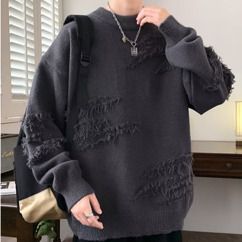 Áo sweater nam cổ tròn nam dáng rộng phong cách Hàn Quốc phối rách vải len sợi dày dặn thời trang thu đông cho cặp đôi