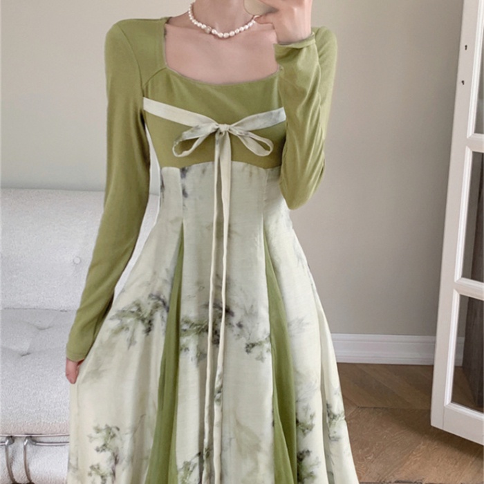 Đầm Chữ a Tay Dài Cổ Vuông Phong Cách Trung Hoa Mới Cho Nữ