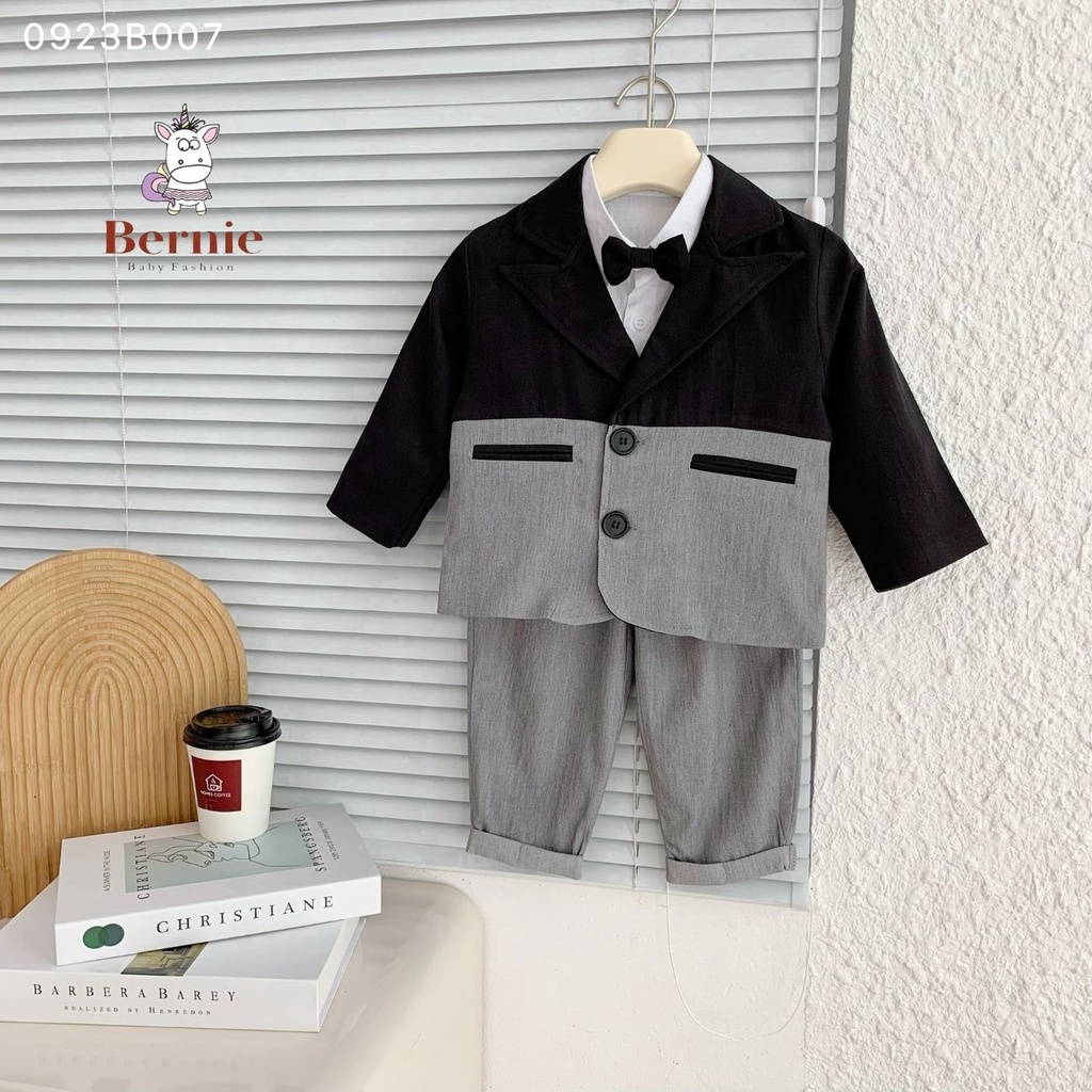 Set bộ vest bé trai ngang thân áo vest và quần âu dài kèm nơ cho bé đi tiệc 1 đến 7 tuổi BERNIE kids