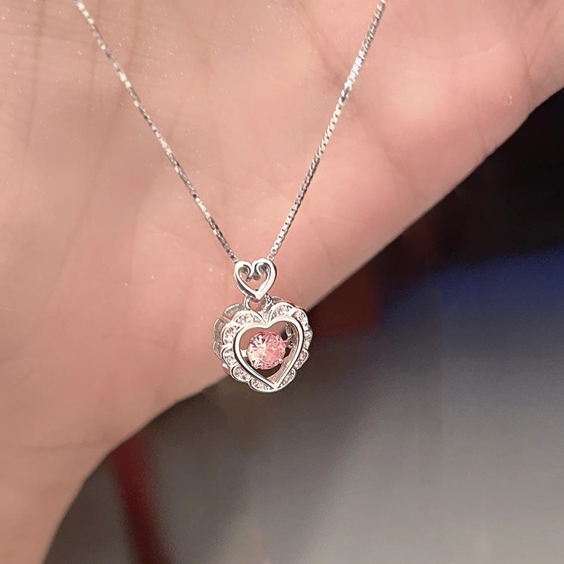 Vòng cổ Mạ Bạc 925 Mặt Trái Tim Đính Đá zircon Hồng Thời Trang